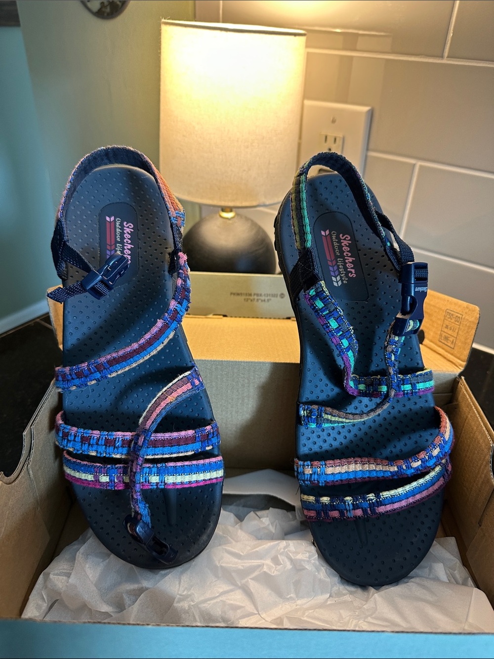 Skechers woman’s Navy Multicolor Strap Sandals